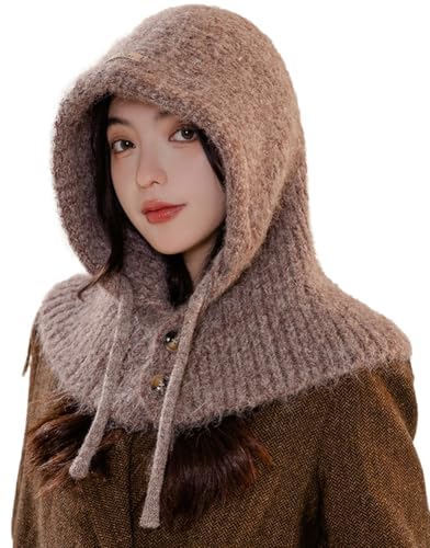 Scarf for Women Balaclava Beanie Warm Knitted Hat Neck Gaiter Casual Versatile Loose Fit Woolen Wrap with Drawstring Button - Main Image