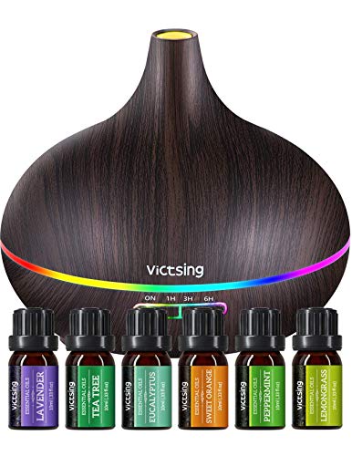 Homasy 500ml Difusor de Aromaterapia con 6 Botellas de Aceite Esencial 100% Puro, Difusor de Aroma Silencioso y Silencioso, 7 Luces LED de Color, sin BPA para el Hogar y la Oficina, Marrón
