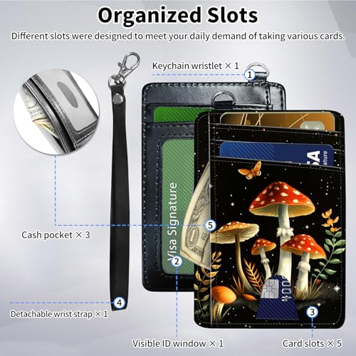 Slim Minimalist Front Pocket Wallet,Credit Card Holder Wallet for Women Men,RFID Blocking Credit Card Holder Case Leather Cute Thin Small Wallet ID Window&Wrist Strap,Red Mushroom Butterfly3