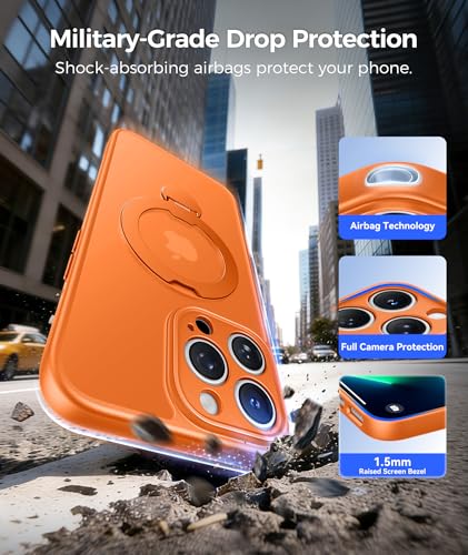 Image of FNTCASE for iPhone 13 Pro Case: [360 Spin Magnetic Stand] [Compatible with Magsafe] [Screen Protector] Translucent Matte Military Grade Shockproof Full Camera Protective Phone Cover - Orange
