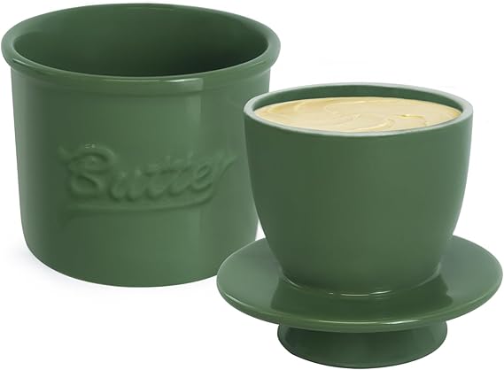 Butter Crock for Counter with Water, French Butter Keeper for Spreadable Butter Ceramic Butter Dish with Lid for Countertop, Butter Container Holder, Home Kitchen Decor (Green, M)