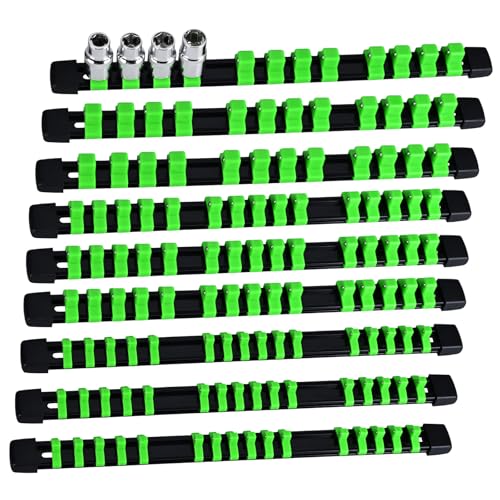 EGOFIX Socket Organizer Set 9PCS ABS Holder Kit - 1/4-Inch x 48, 3/8-Inch x 45, 1/2-Inch x 36 Clips, Drive Tray, Rail - Green