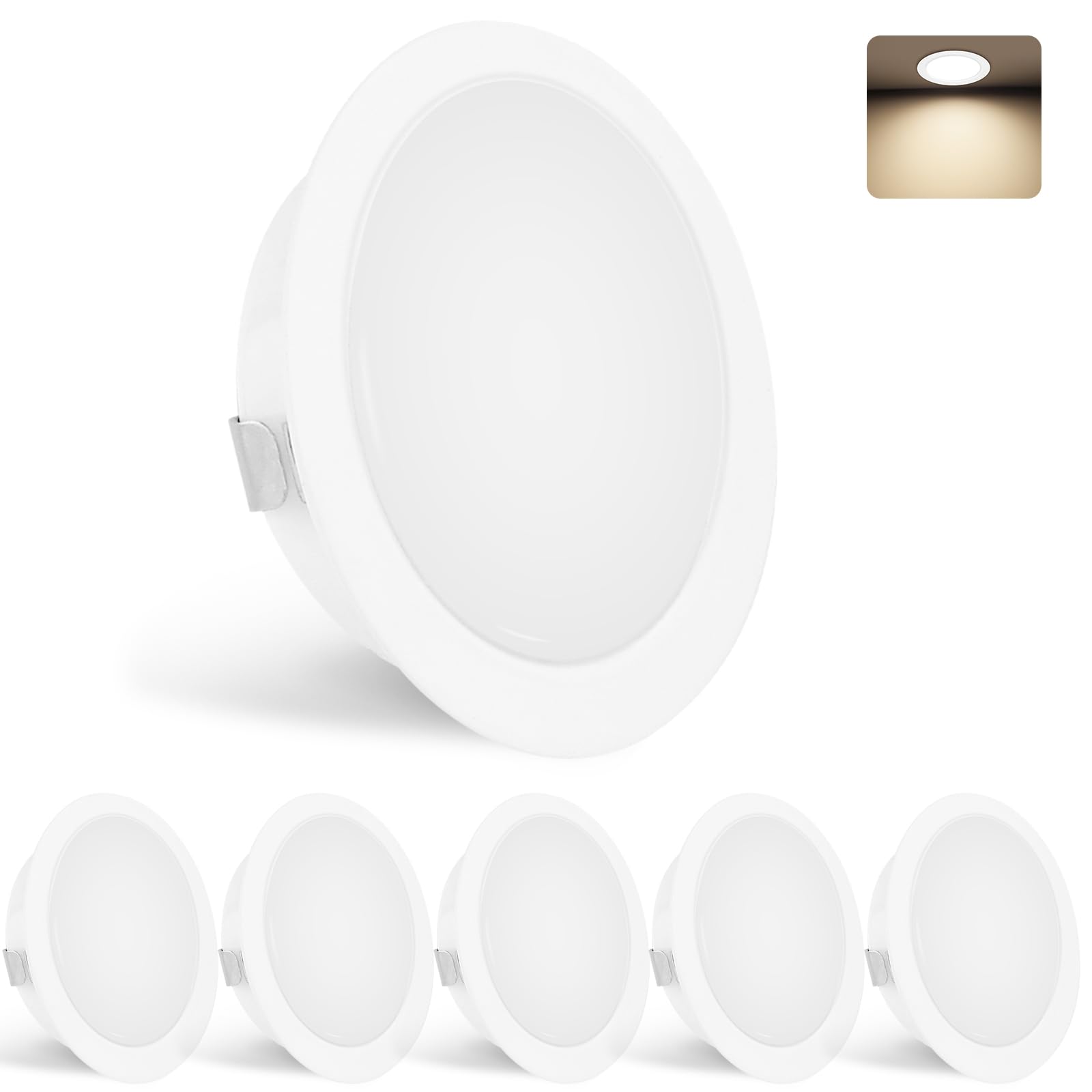 YindaLux Juego de 6 focos LED empotrables 230 V, 3 W, 4000 K, blanco neutro, ultraplanos, 300 lm, orificio 55-58 mm, IP44, para armario con espejo, color blanco