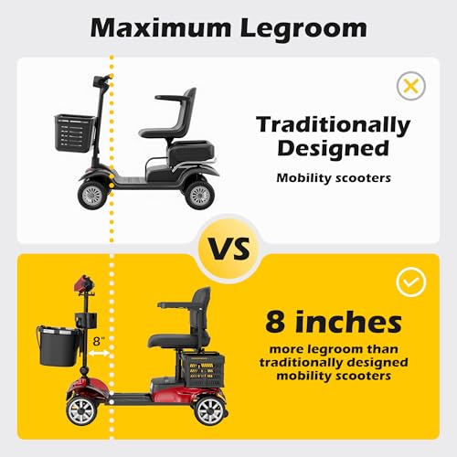 Foldable 4-Wheel Mobility Scooter for Adults – Portable Motorized Scooter with 330 lbs Capacity, Detachable Battery, Dual Baskets, Cup & Phone Holder, Red