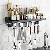 KYYLZ Gewürzregal Wand,Küchenhalterung Ohne Bohren mit 6 Haken Stangen,Schwarz Edelstahl Hakenleiste Küchenhelfer Hängeleiste,Gewürzregal Küchenablage Wand Organizer für Küche und Bad(40*14.8*5.2CM)