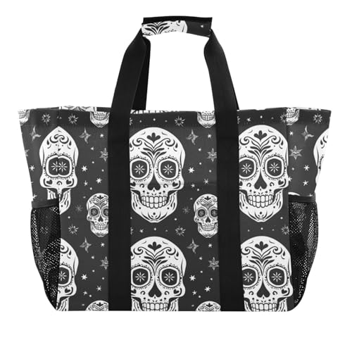 ALAZA Dia De Los Day Of The Dead Muertos Skull Flower Seamless Waterproof Beach Tote Bags