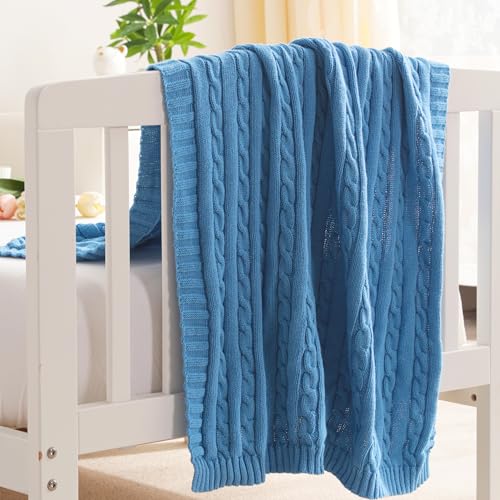 Image of NTBAY 100% Pure Cotton Cable Knit Toddler Blanket, Super Soft Warm Breathable 30x40 Baby Blanket for Crib, Stroller, Nursery, Travel, Newborn, 30x40 Inches, Azure Blue