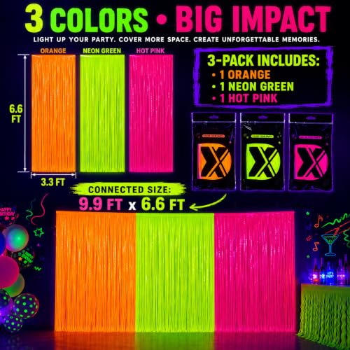 Image of 3 Pack Glow in the Dark Party Supplies, Foil Fringe Curtains, 9.9 x 6.6 ft | Neon party decorations and glow party backdrop for blacklight birthday parties, photo booths, graduations and dance parties