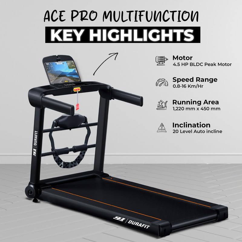 Image of Durafit91 Ace Pro Multifunction 4.5 HP Peak BLDC Motorized Treadmill | 20 Level Auto Incline | Home Cardio | 16 Km /Hr Max Speed | 120 Kg Max User Weight | Free Installation Assistance | DFIHBIM6