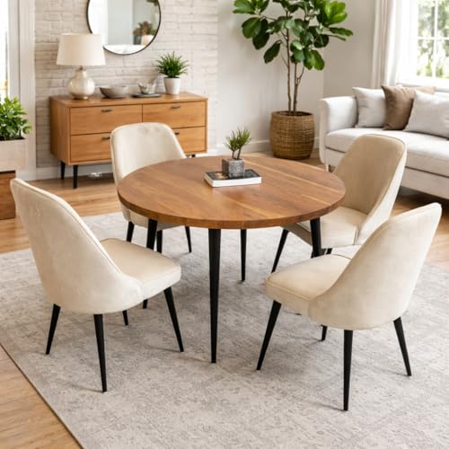 Image of Solid Mango Wooden Round 4 Seater Dining Table for Living Room, Dining Room, Hotel & Home, Brown Finish, Only Dinning Table (90 x 90 x 76 Centimeters) (Only Dining Table)