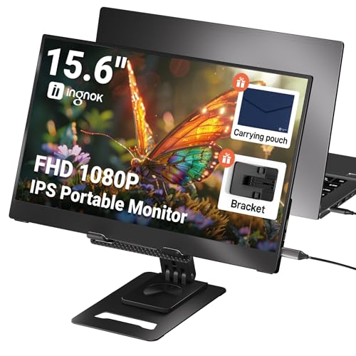 Ingnok Portable Monitor, 15.6 Inch Full HD 1080P IPS Display with Adjustable Stand, USB-C Plug &...
