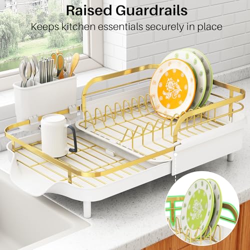 Image of SAYZH Dish Drying Rack - Expandable Dish Rack for Kitchen Counter, Rust-Resistant Dish Drainer with Utensil Holder and Raised Guardrail, Kitchen Organizer for Cup and Bottle (Gold)