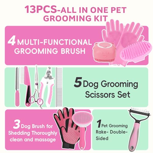 Dog Brush, 13Pcs Pet Grooming Kit with Deshedding Brush for Dogs and Dog Nail Clippers, Cat Grooming Supplies with Pet Hair Removal Gloves, Dematting Comb Brush Shampoo Scrubber for Short & Long Haired Dogs / Cats (Pink 13pcs) - Image 3