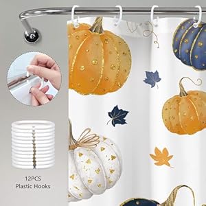 Autumn Pumpkin Shower Curtain 60Wx72H Farmhouse Fall Maple Leaf Rustic Thanksgiving Harvest Country Blue Pink Farm Bathroom Decor Plant Kids Gold Dot Bath Curtain Fabric Polyester 12 Pack Hook