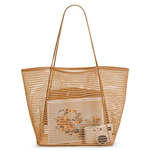 KALIDI Sommer-Strandtasche, Netz-Tragetasche für Frauen, große lässige Umhängetasche mit Reißverschluss-Innentasche für Reisen, tägliches Pool, Fitnessstudio, Picknick, leichte Einkaufstasche, braun Cover