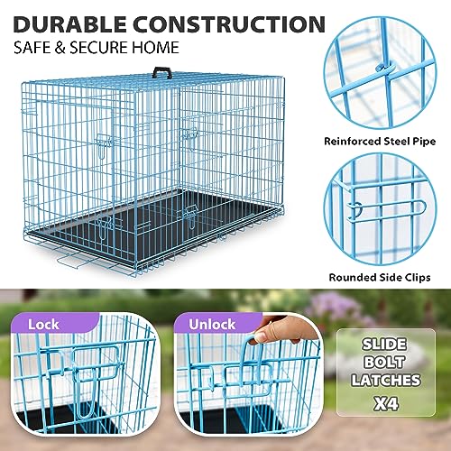 Image of BestPet | Dog Crate | 30 inch | Blue | Foldable Metal Kennel with Double Doors