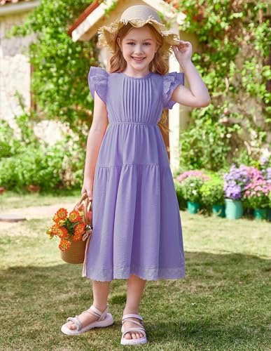 GRACE KARIN Girls Summer Dress Flutter Sleeve Lace A-Line Sundress Casual Elegant Midi Dresses with Pockets for 5-12 Years4
