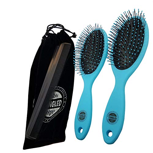 TANGLED 2-Pack Detangling Hair Brush (Blue) with MICROFIBER BAG and COMB