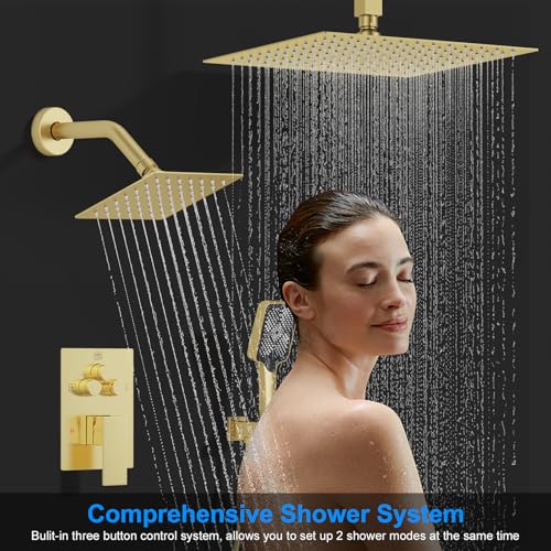 Image of Shower Faucet Set, 12 inch Ceiling Mount Rainfall Shower System with 2 Rain Shower Head and Multi-function Handheld Head Push Button Diverter Shower Faucet Trim Kit (12 inch, Brushed Gold)