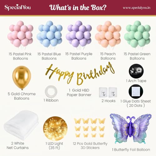 Image of Special You Butterfly Theme Birthday Decoration Kit for Girls with Pastel Balloons for Decoration, Foil Balloons for Decor, Butterfly Stickers for Wall Decoration, Birthday Decor