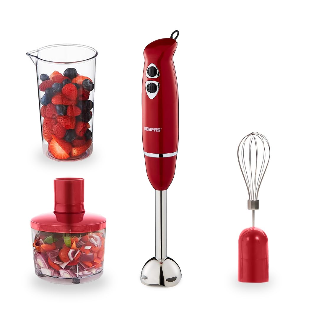 GeepasGHB6136 400W Hand Blender - Stainless Steel Blades with 2 Speed for Baby Food, Soup, Juice | 860ml Chopper Bowl & Electric Egg Whisk - 2 Years Warranty