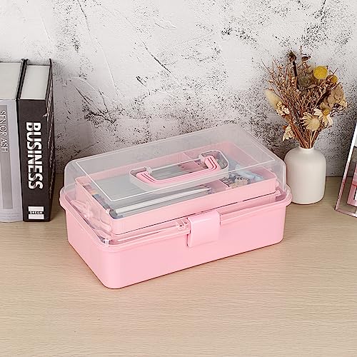 Image of BTSKY 3-Layer Plastic Dividing Storage Box Craft Organizer and Storage | Portable Handled Art Supply Organizer with Adjustable Spacers Multipurpose Home Utility Box for Medicine, Sewing(Pink)
