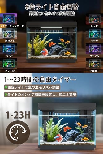AQQA AQQA 水槽セット 9L ライト機能 ろ過機能 酸素供給 水温表示 8色ライト 無段調光 タイマー機能付き 加湿 アロマ可能 卓上アクアリウム 30x14x25cm 小型 メダカ飼育容器 熱帯魚飼育 小型魚飼育 初心者向け 日本語取扱説明書付き AQ180 の商品画像 3