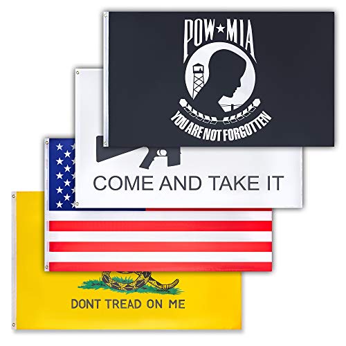 COOME 4 Flag Set 3x5ft American Flag - Dont Tread On Me Gadsden Flag - Gonzales Come and Take It with Rifle Flag - POW MIA Black Flag - 3x5ft Printed Super Poly 2 Grommets Vivid Color Double Stitched