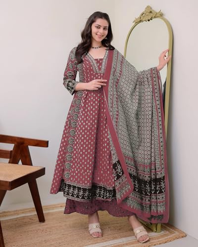 Image of ANNI Designer Women's Pure Cotton Anarkali Kurta Set for Women with Dupatta & Plazzo - Hand Block Print Suit Set | Stylish Dress | Cotton Kurta Set for Women