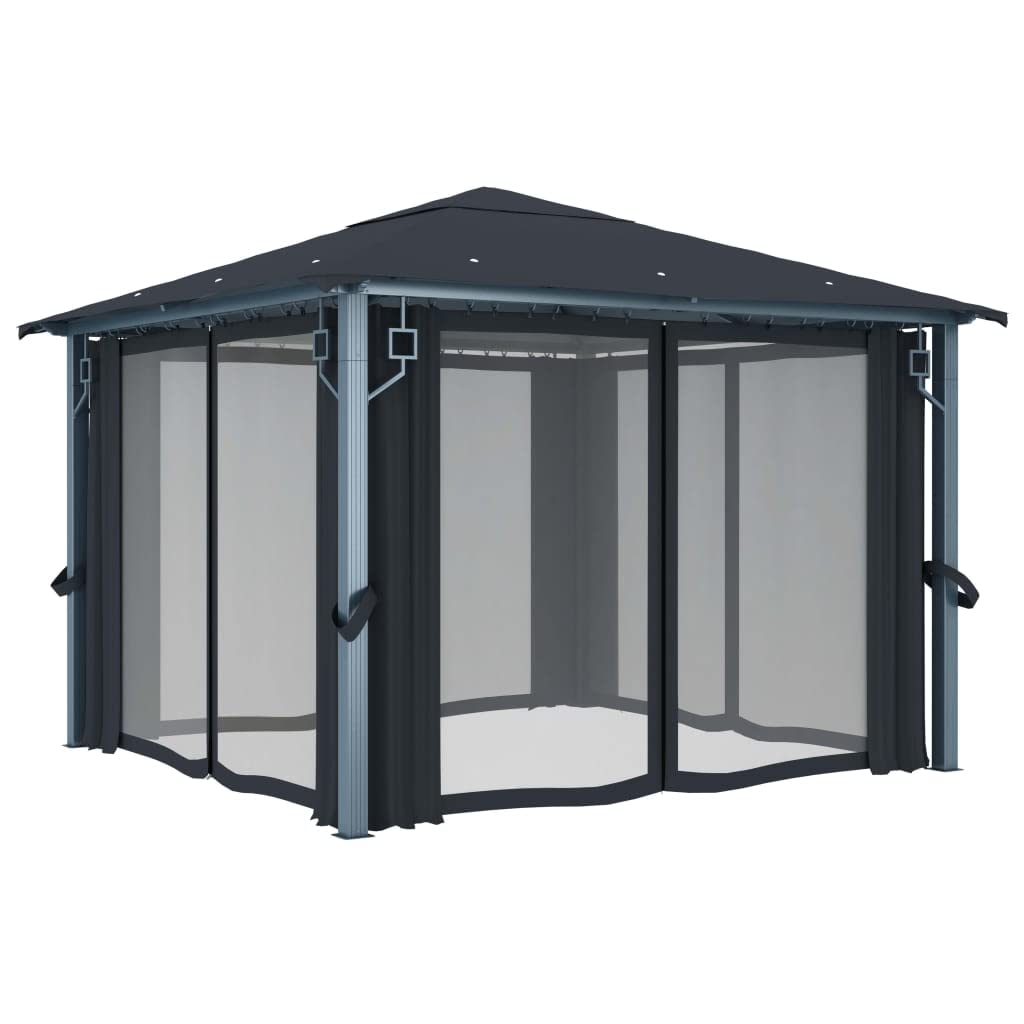 Pawilon 3 x 3 m, antracyt z aluminiową ramą, wodoszczelny namiot ogrodowy z zasłonami, łańcuch świetlny LED, części boczne, ochrona przed promieniowaniem UV, ochrona przed deszczem, idealny