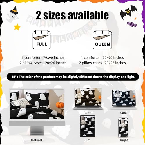 Smoofy Queen Black Comforter Set - Halloween Bedding Set Queen Size with White Ghost, Black Comforter Queen Bed Comforter Sets (1 Fluffy Queen Comforter and 2 Pillowcases)