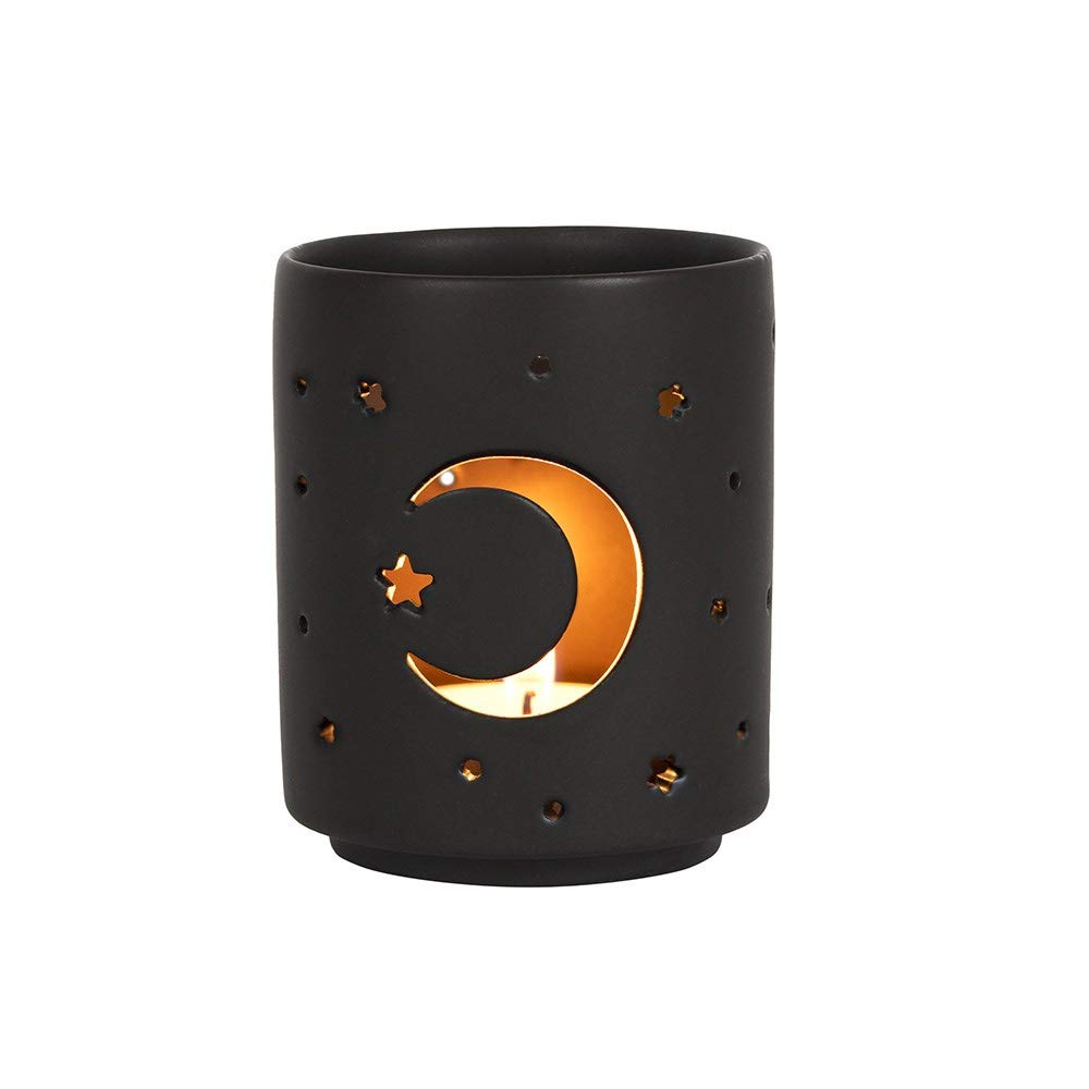 RAJX Small Black Mystical Moon Cut Out Tealights Holder, Halloween Decorations, Indoor Fireplace Shelf Aromatherapy Ornaments, Gifts for your Loved Ones on Christmas, Suitable for Home Decor