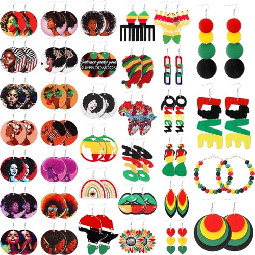 Quelay 36 Pairs African Earrings for Black Women Wood Dangle Earrings Bulk Jewelry Motivational Ethnic Jewelry for Black Women Wood Dangle African American Hispanic Month