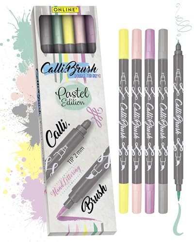 Online Brush-Pen Set Calli.Brush Pastel I 5 Double-Tip Pinselstifte mit Kalligrafie-Spitze & Pinselspitze I Ungiftige Handlettering Stifte als Kalligraphie Set für Bullet Journals,...