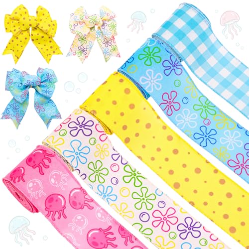 Whaline 5 Rolls Summer Sponge Bubble Wired Edge Ribbon 2.5 Inch 30 Yards Funny Cartoon Party Ribbon...