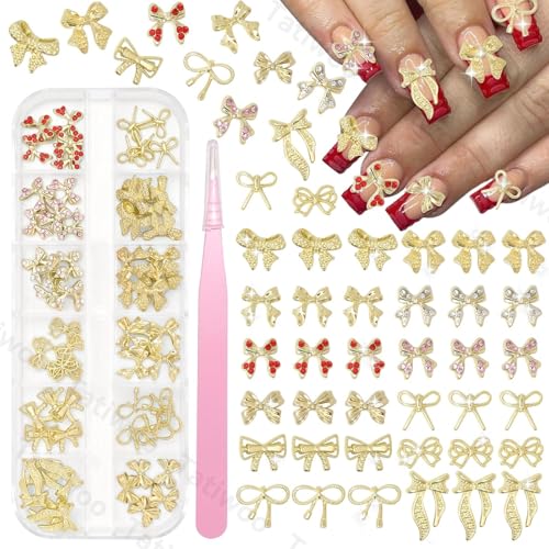 60 Pcs Gold Bow Nail Charms Mixed 3D Bow Nail Charms and Gems with Pink Red Rhinestones Bowknot Charms for Acrylic Nails DIY Crafts Accessories
