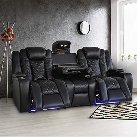 Valencia Oxford Home Theater Seating | 11000 Top Grain Black Leather, Power Recliner, with Drop Down Center Console (Row of 3) Cover