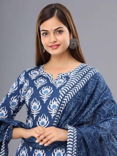 Image of Tee Projekt Women's Cotton Blend Sweetheart Neck Straight Kurta Pant with Dupatta Set ll Block Printed Kurta Set for Women ll Festive Kurta Set for Women