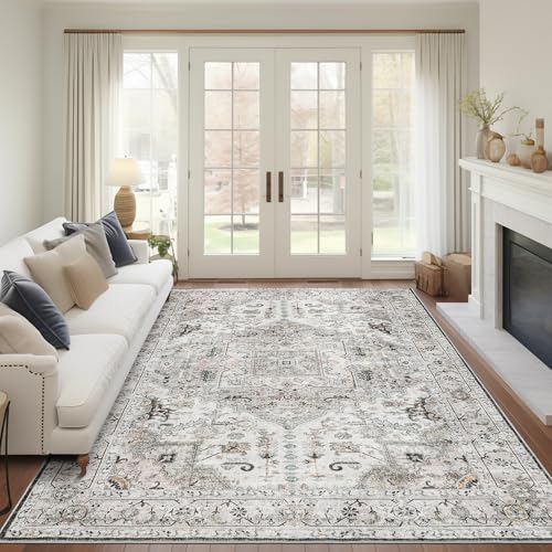 Madane 6x9 Area Rugs for Living Room, Stain Resistant Washable Rugs, Non-Slip Backing Area Rug, Vintage Home Decor Rug for Bedroom (Ivory/Brown, 6'x9')
