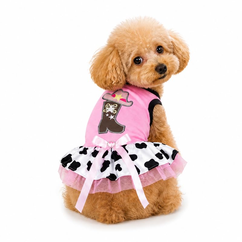 Petitebella Cowgirl Boot Hat Puppy Dog Dress (Pink/Cow, X-Large)