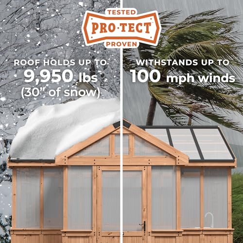 Image of Backyard Discovery Savannah Chalet-Style 14.5' x 12' Cedar and Polycarbonate Walk-In Greenhouse Kit with Sink, Exhaust Fans, Windows, Hose Hook-Ups, PowerPort, Staging Shelves for Year-Round Gardening