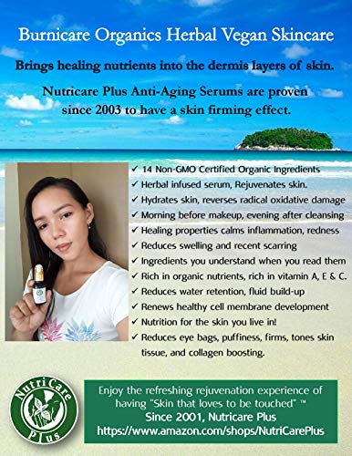 Burnicare Organics Herbal Vegan Antioxidant Serum, 1 Ounce, 14 Non Gmo Organic Ingredient, Natural Moisturizer, Anti Aging, Skin Firming Facial Serum, Eye Bags, Puffiness, Dark Circles, Neck, Face Oil #TOP1
