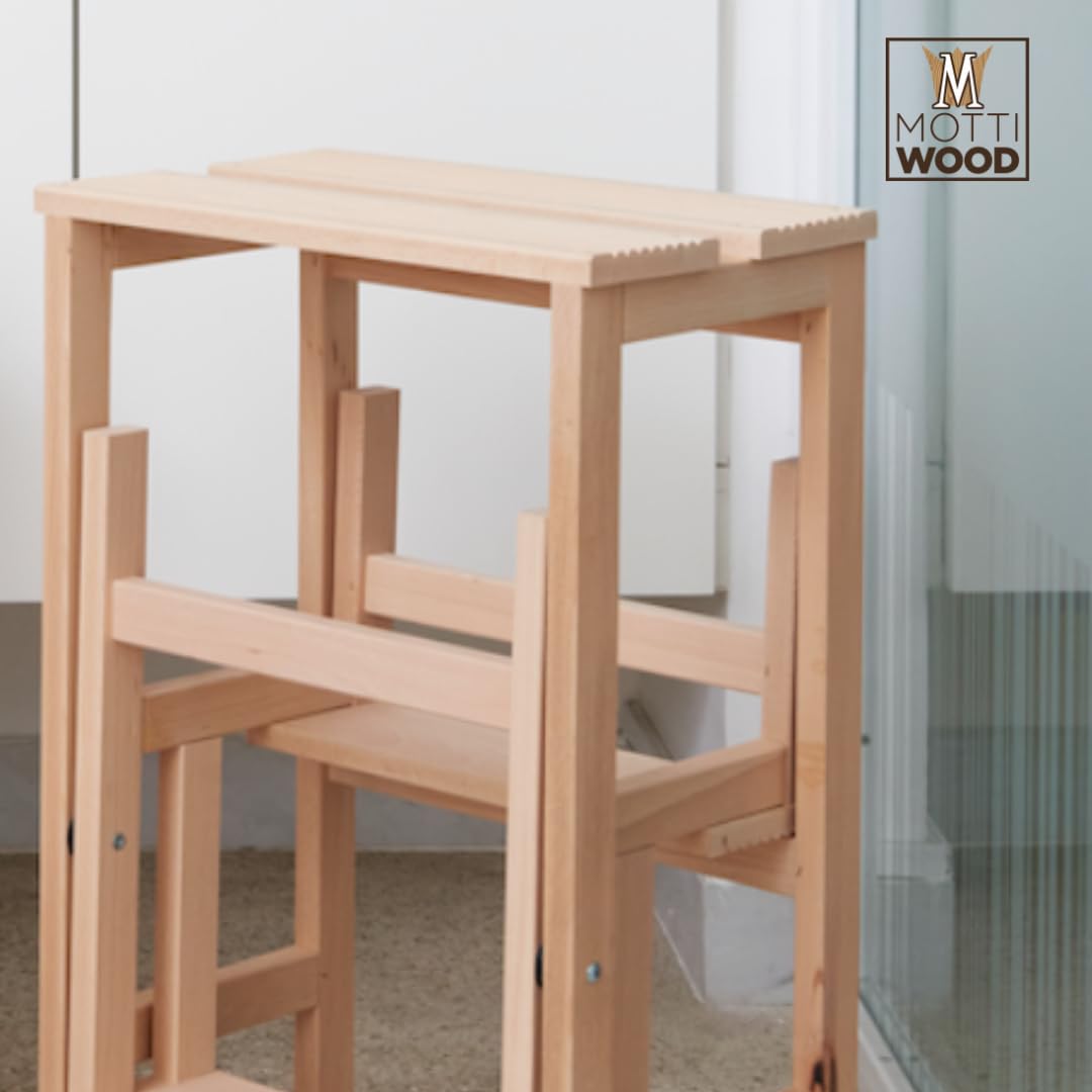 Sgabello Scala Richiudibile In Legno Di Faggio - 3 Gradini Salvaspazio | Marrone Noce