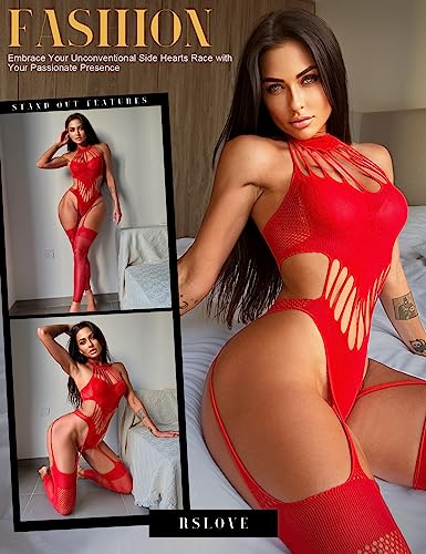 Foto de RSLOVE Lencería sexy de malla para mujer, medias sin pies, sin mangas, de encaje, cuello halter, pantimedias de una pieza (imagen 5)
