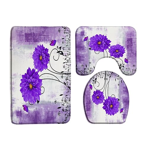 VPUPCN Farmhouse Floral 3 Pcs Bath Rugs Set,Rustic Dahlia Flower Butterfly Vintage Wooden Board Country Bathroom Kitchen Rug with 16