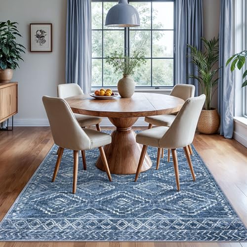 KILOCOCO Living Room Rug 6x9 Area Rug Printed Boho Washable Bedroom Rugs Non Slip Soft Large Moroccan Indoor Rugs for Dining Room Office Farmhouse Geometric Carpet, Stonewashed Blue