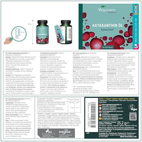 Astaxantina Naturale | 160 mg di Alghe Haematococcus Pluvialis | 5% di Astaxantina Pura AstaZine® | Integratore Antiossidante | Senza OGM e Certificato in Laboratorio | Vegan | Vegavero® - 3