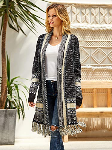 Ferbia Women Boho Cardigan Sweater Long Open Front Maxi Knit Sweaters Aztec Tribal Tassel Fringe Thin Coat
