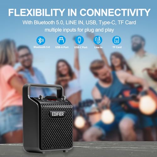 Edifier PP205 Loud Bluetooth Speaker, 24W Portable Speakers Wireless with Bluetooth 5.0, Line in, USB, Type-C, Micro SD Card Inputs, 8H Playtime, Wired Mic Supported for Outdoor, Party, Beach, Travel