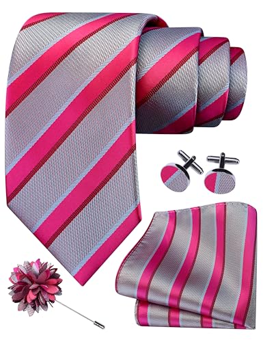 Image of GUSLESON 3.15 inch（8cm） Mens Stripe Tie and Lapel Pin Necktie Hankerchief Cufflinks Set for Men
